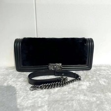 Chanel Boy Long Flap Bag Black Rabbit Fur Ruthenium HW Auth