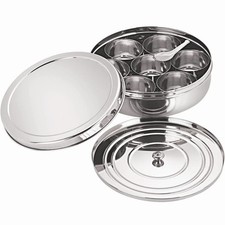 Stainless Steel Masala Dabba – 8x8 inch Indian Spice Box with 7 Compartm