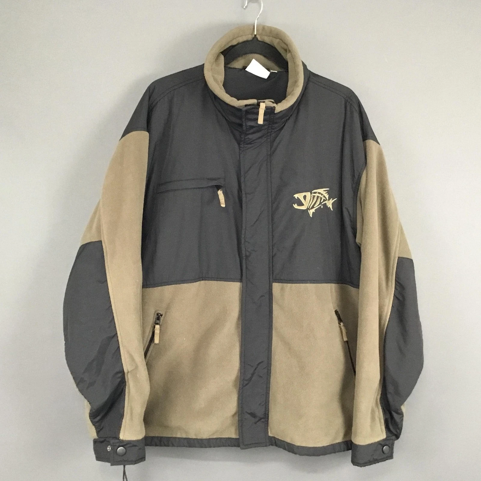 The Game Jacket Mens Large Gray Tan Windbreaker Nylon Full Zip Outdoor Fish Logo