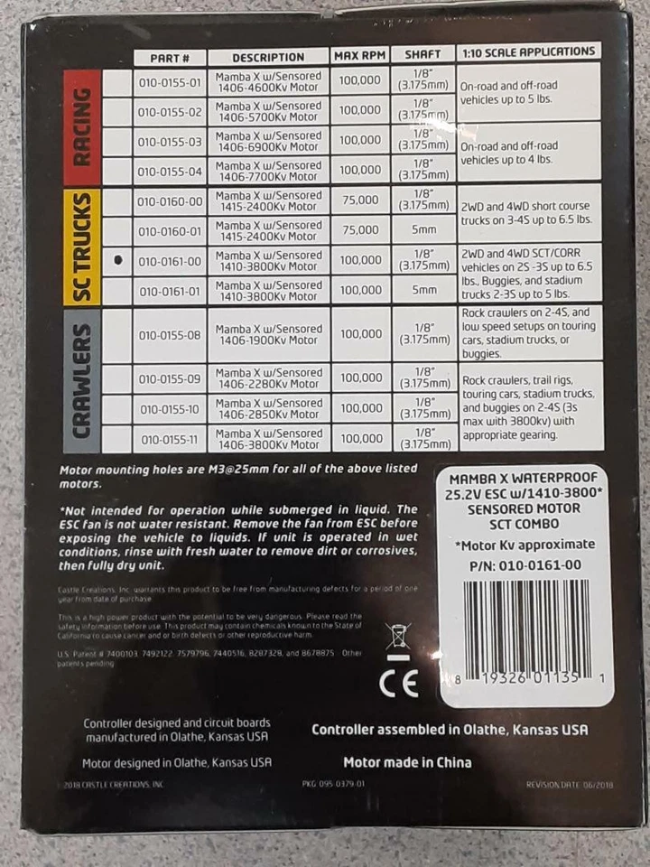 Castle Creations Mamba X SCT 1/10 Brushless Combo w/1410 Sensored Motor New!! - Image 3 of 4