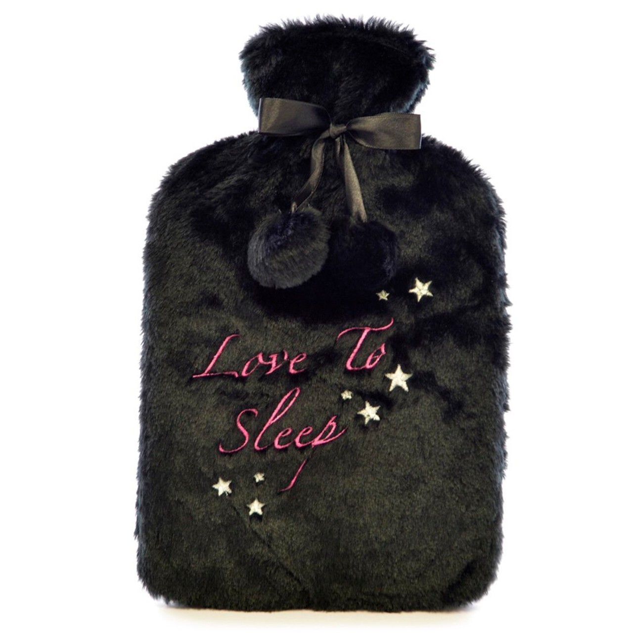 SlumberzzZ Love to Sleep Embroidered Black Faux Fur 2L Hot Water Bottle & Cover