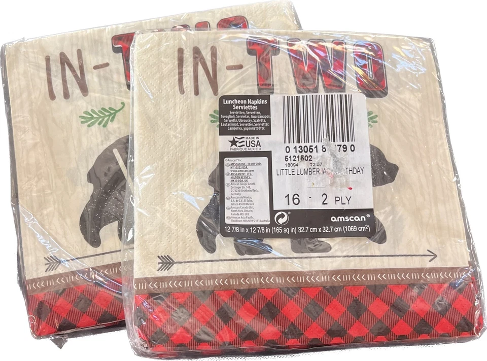 Juego de 2 servilletas In-TWO THE WILD 2nd Birthday fiesta Buffalo Lumber Jack Bear Foto 2 de 2