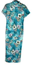 Cheongsam Dress Sz L Form Fitting Green Floral Side Slits Asian Qipao Traditiona