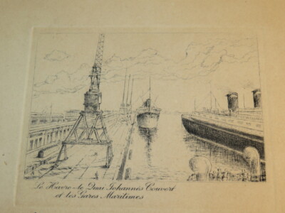 FRENCH SCHOOL XX EAU FORTE QUAI LE HAVRE TRANSATLANTIC LINER NORMANDIE