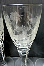 6 ANTIQUE CUT CRYSTAL STEMS WINE GLASSES ETCHED RABBITS TREES FOREST GAME ANIMAL