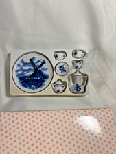 Miniature China Tea Play Set Blue Delft Style Holland Windmill Swans Scene A397