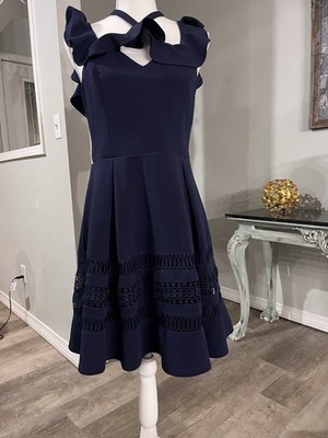 Francesca's Navy Blue Ruffle Fit & Flare Sleeveless Knee Dress V-Neck Size L