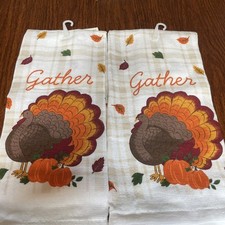 NWT 2 Autumn / Thanksgiving Kitchen Towels Turkey 14 x 24 Gather