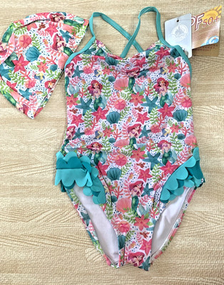 Girls Mermaid One Piece Swimsuit with Swim Cap   Kids Cartoon Swimwear