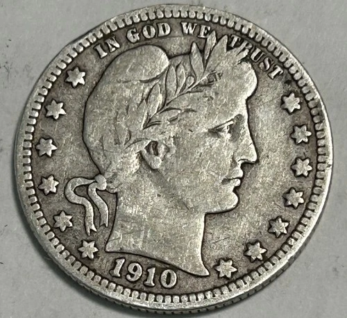 1910 Barber Quarter 25C Silver Circulated Business Strike Uncertified US Coin