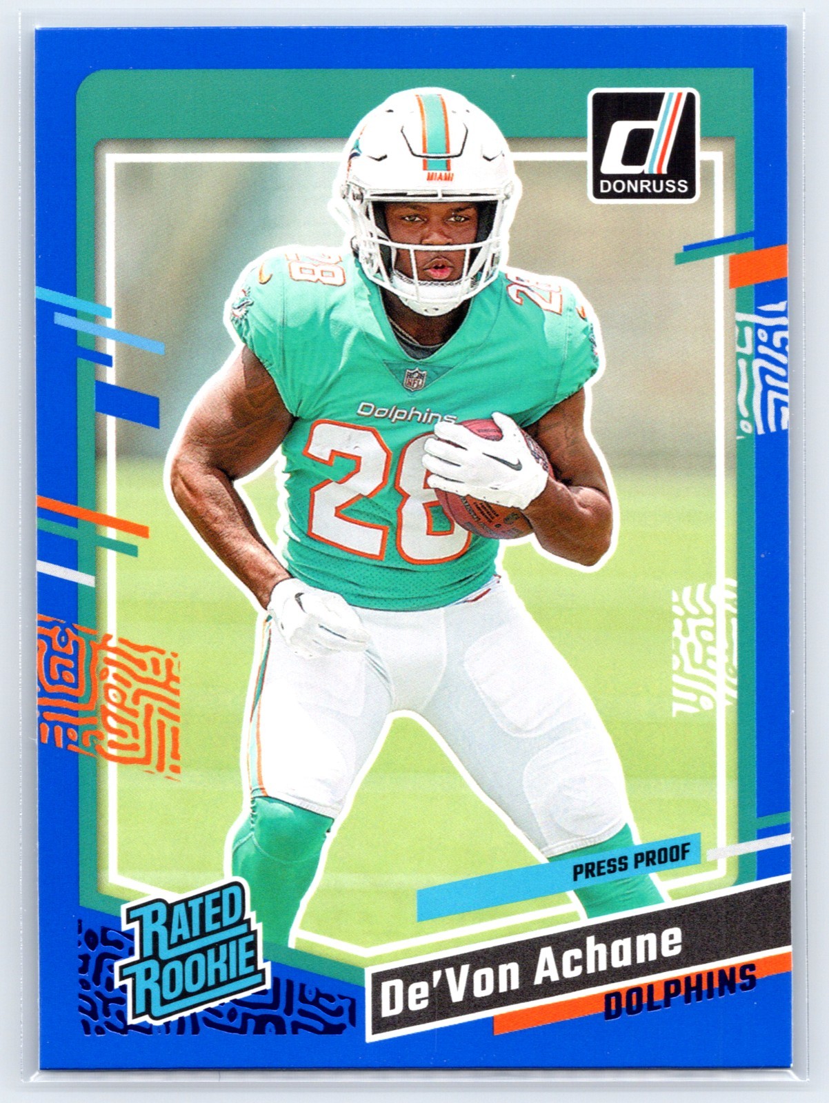 Devon Achane - 2023/24 Donruss Rated Rookie Press Proof Blue Rookie Card #365