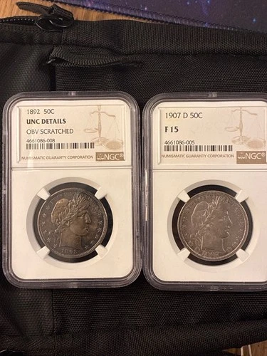 1892 barber half dollar 50c unc details(obv scratch) + 1907 D50c F15