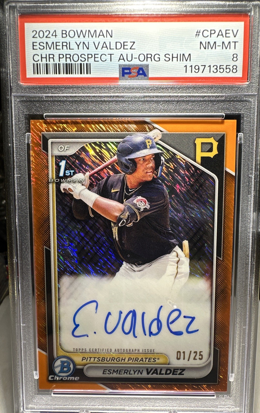 2024 Bowman - Chrome Prospect Auto Orange Shimmer #1/25 Esmerlyn Valdez #CPA-EV view 3