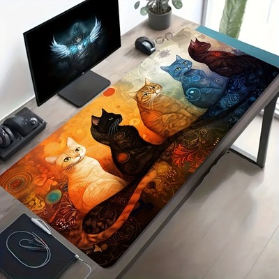 1pc Large Gaming Mouse Pad with Multicolor Cat & Tabby Cat Design - Non-Slip Ru