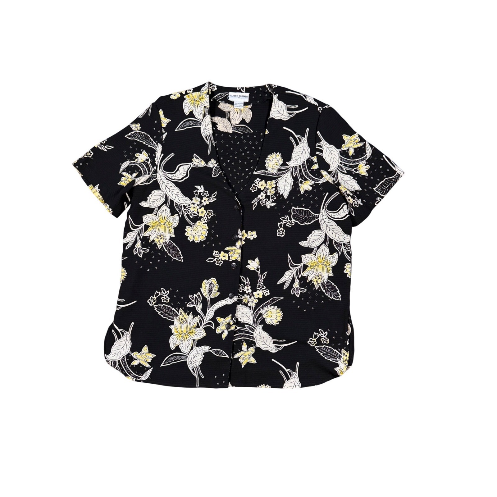 Alfred Dunner Black Floral Button Front Short Sleeve Blouse Top Women's Size 18