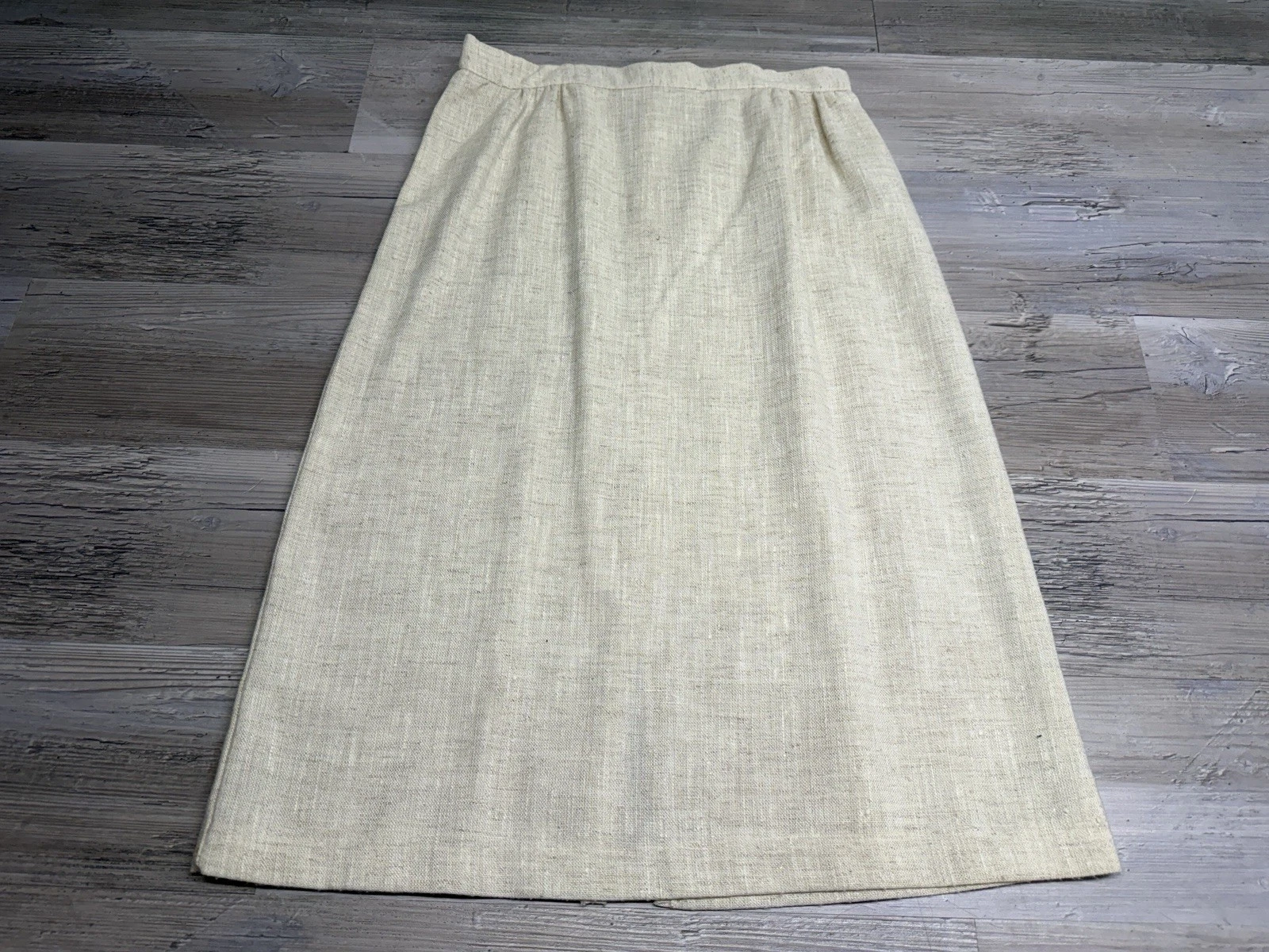 Vintage Cream Linen Blend Midi Skirt Women's A-Line Back Slit High Waist 80s 90s