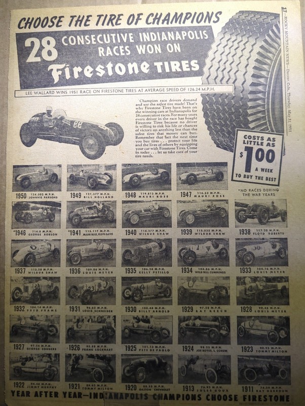 MAY 31, 1951 NEWSPAPER PG #2721- FIRESTONE TIRES WON 28 STRAIGHT INDY 500 RACES