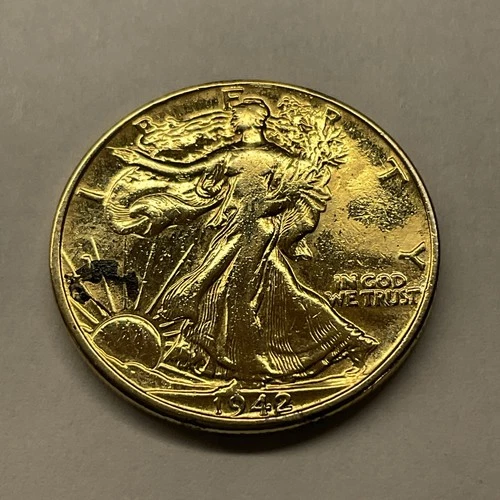 1942-D  WALKING LIBERTY SILVER HALF - 24K GOLD PLATED NO RESERVE