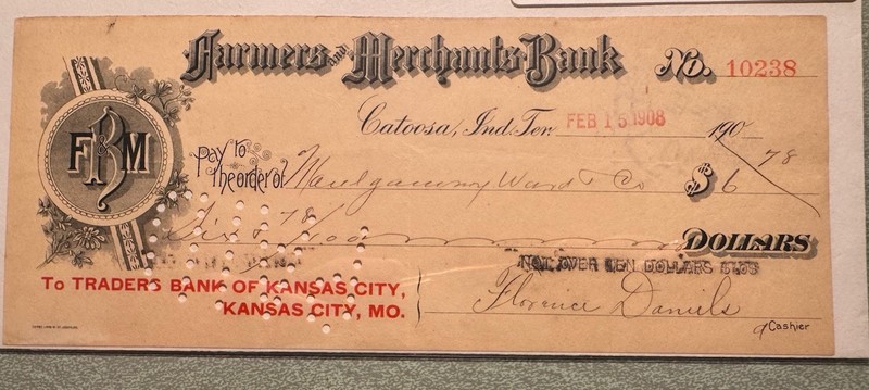 1908 Catoosa OK Indian Territory Farmers & Merchants Bank Check 