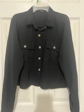 Women's Black Button-Front Basic Jacket M Short Long Sleeve Pockets
