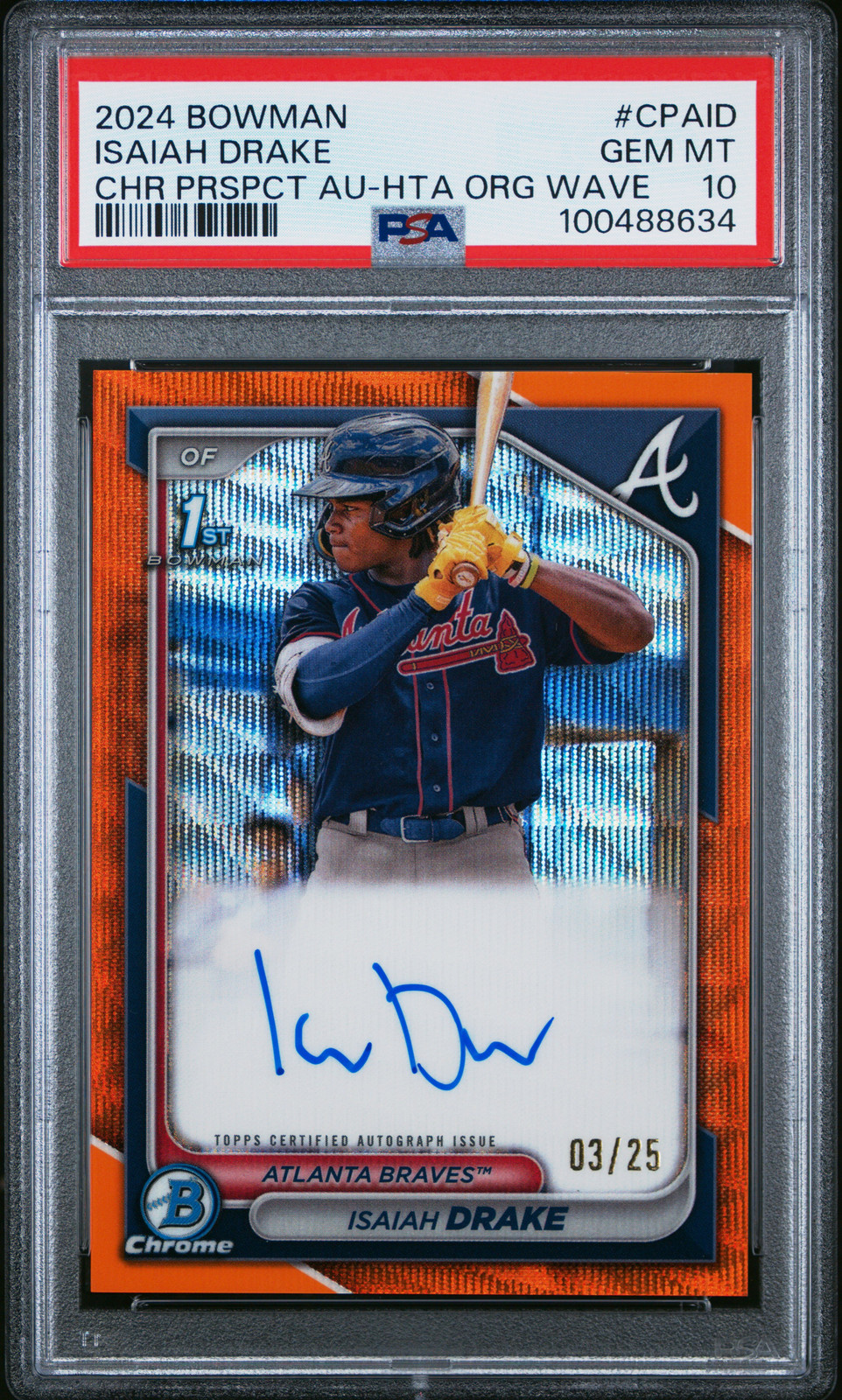 2024 Bowman Chrome 1st Autographs #CPAID Isaiah Drake Orange Wave /25 PSA 10