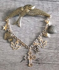 Swallow Bird Dangling Cross Hearts Cherub Birds Brass Tone Large Vintage Brooch