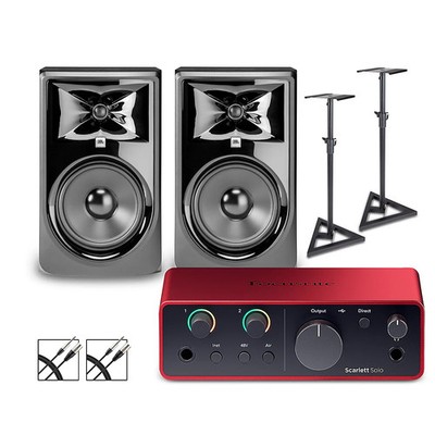 Focusrite Scarlett Solo Gen 4 JBL 3 Series Studio MonitorsStandsCables 308MKII