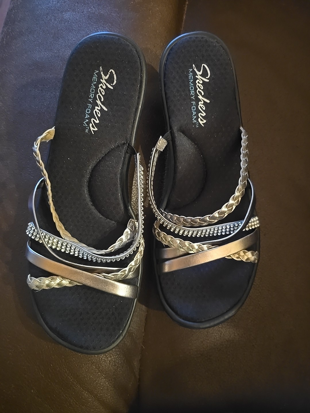 Skechers Womens Size 11 Wedge Sandals Cali Rumble Slip On Straps Pewter Cute
