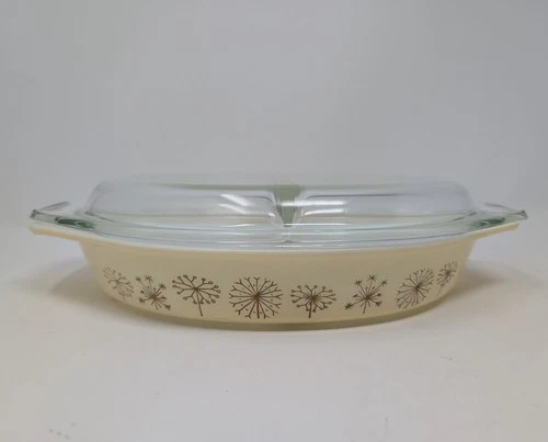 Vintage 50s Pyrex Dandelion Divided Casserole Dish W/ Lid 1.5 Quart Beige Floral
