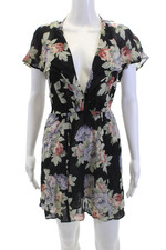 Reformation Womens V Neck Floral Ruffle Sleeve Mini Dress Black Size 2