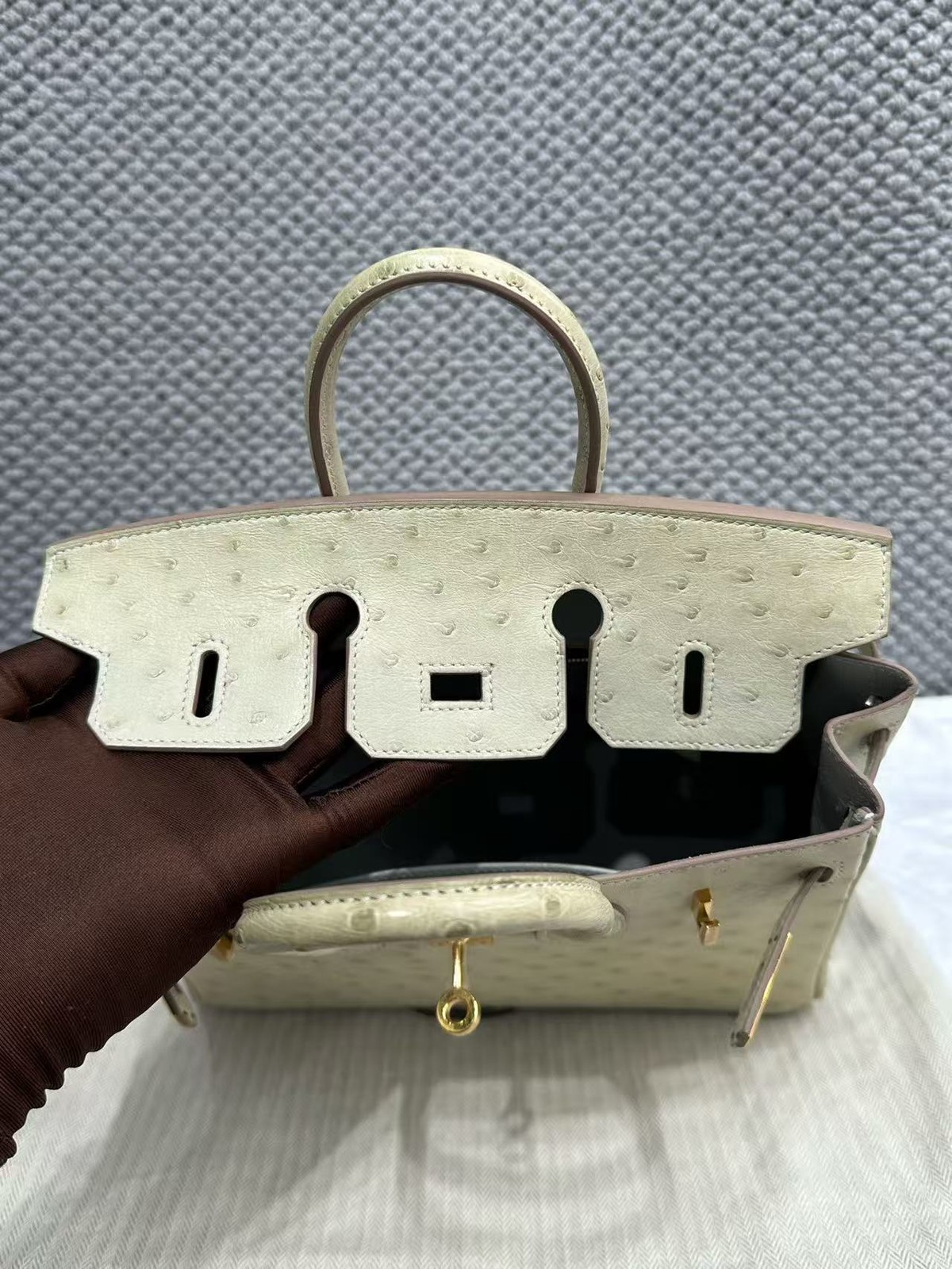 AUTH Hermès Birkin 25 Beton Ostrich Leather Gold Hardware Top Handle Bag — image 22