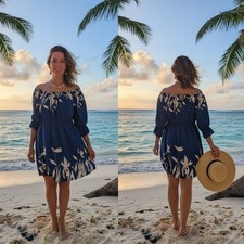 1992 - Cupshe Blue Floral Off-Shoulder Dress with 3/4 Sleeves, Size Large