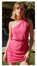 Free People Womens Large Pink One Shoulder Mini Dress with Buttons Ruching