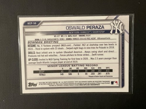 Oswald Peraza 2021 Bowman Chrome Prospect Card BCP -50 - Picture 2 of 2