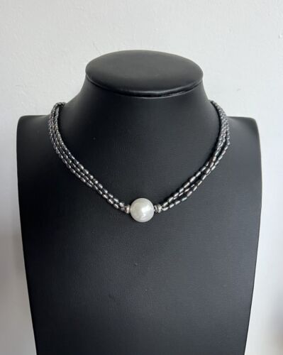 Vintage Multistrang Halskette metallic grau schwarz perle Sterlingsilber 17 Zoll - Bild 1 von 5