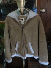 Seventy Seven 77 Beige White Faux Fur Suede Zip Hoodie Girl Jacket Coat Sz Small