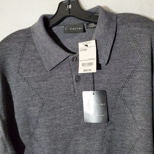 J. Ferrar Sweater Men’s Large Grey 100% Wool Collared Long Sleeve NWT - Picture 6 of 14