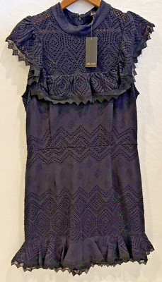 NEW! ella moss Justina Sleeveless Perforated Ruffle Lined Dress Black L