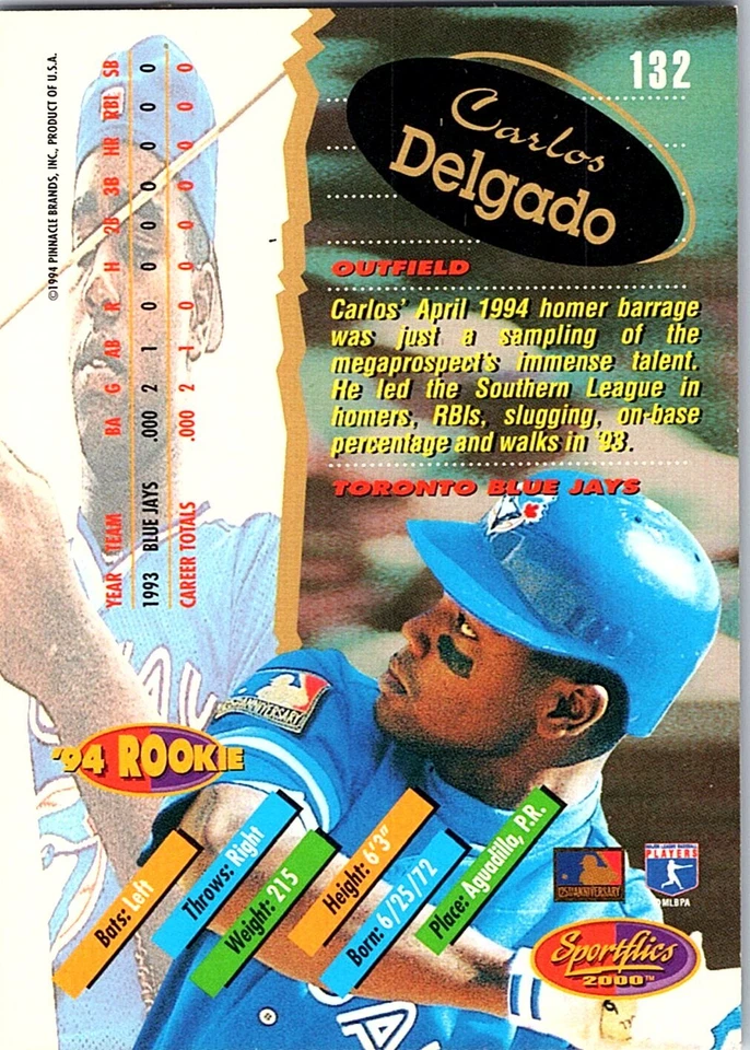 Carlos Delgado 1994 Sportflics 2000 Rookie & Traded #132 Toronto Blue Jays - Image 2 of 2