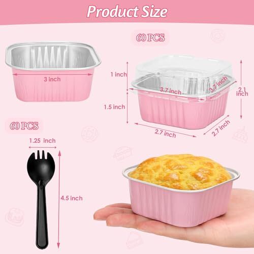 60 Pack Mini Disposable Cake Pans with Lids, Aluminum Foil Square 5oz Pink - Picture 4 of 8