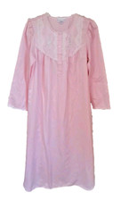 Miss Elaine Classics Nightgown Sz. M Pink Sateen Lace Floral Design Long Sleeves