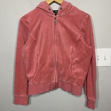 BeBe Pink Velour Rhinestone Full Zip Hoodie Womens Size Large Y2K