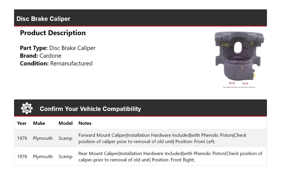 Pinza de freno de disco Cardone Plymouth Scamp 1976 Foto 2 de 4