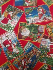 2 Yds Vip Cranston Christmas Fabric Santa Scenes Cards Gold Metallic Cotton 18