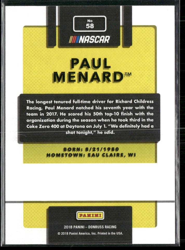 Paul Menard Signed 2018 Donruss IP Auto #58 - Image 2 of 2