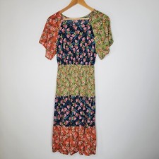 CES FEMME Floral Patchwork Dress Size S Midi Colorblock Boho Peasant Flowy USA