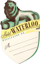 Hotel Waterloo Wellington New Zealand Vintage Die Cut Lion 6.25"H Luggage Label