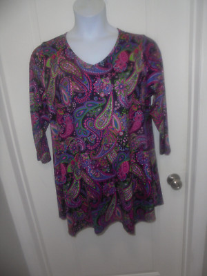 Enmain Womens Multi Color Paisley 3/4 Sleeves V-Neck Top Size XL
