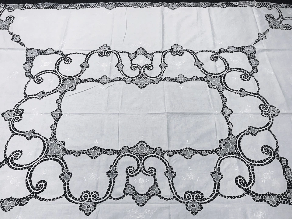 White 72x90" Cotton Linen Handmade Embroidered Lace Rectangle Tablecloth Napkins - Image 3 of 4
