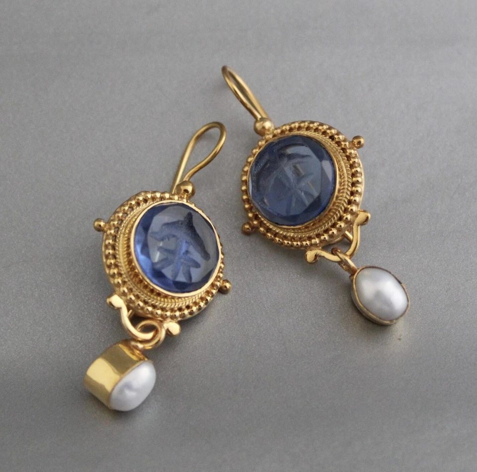 Pendientes Museo Eduardianos Intaglio Aqua Azul Perla Oro Camafeo Flor Geométrica Foto 4 de 4